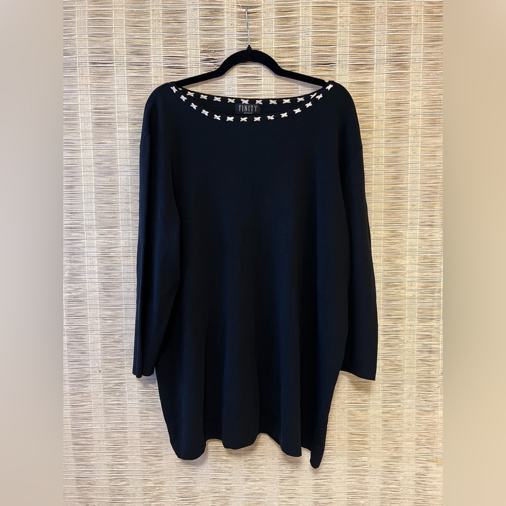 Finity Sweet Black Sweater With Pale Pink Woven Ribbon Neckline Sz 2X to 3X